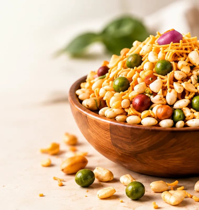 A wooden bowl of puffed rice bhel with sev and peanuts