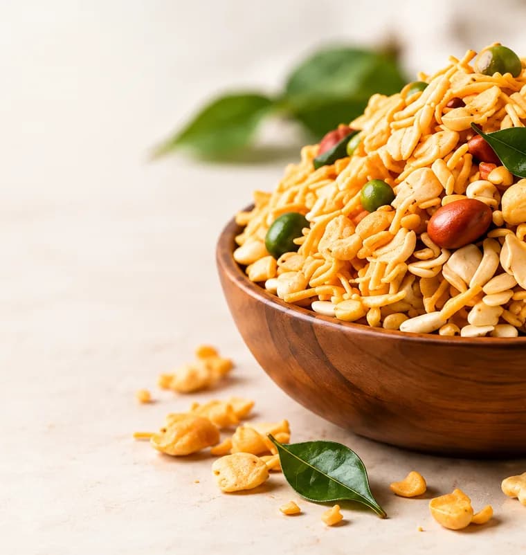 A wooden bowl of roasted chiwda with peanuts and curry leaves