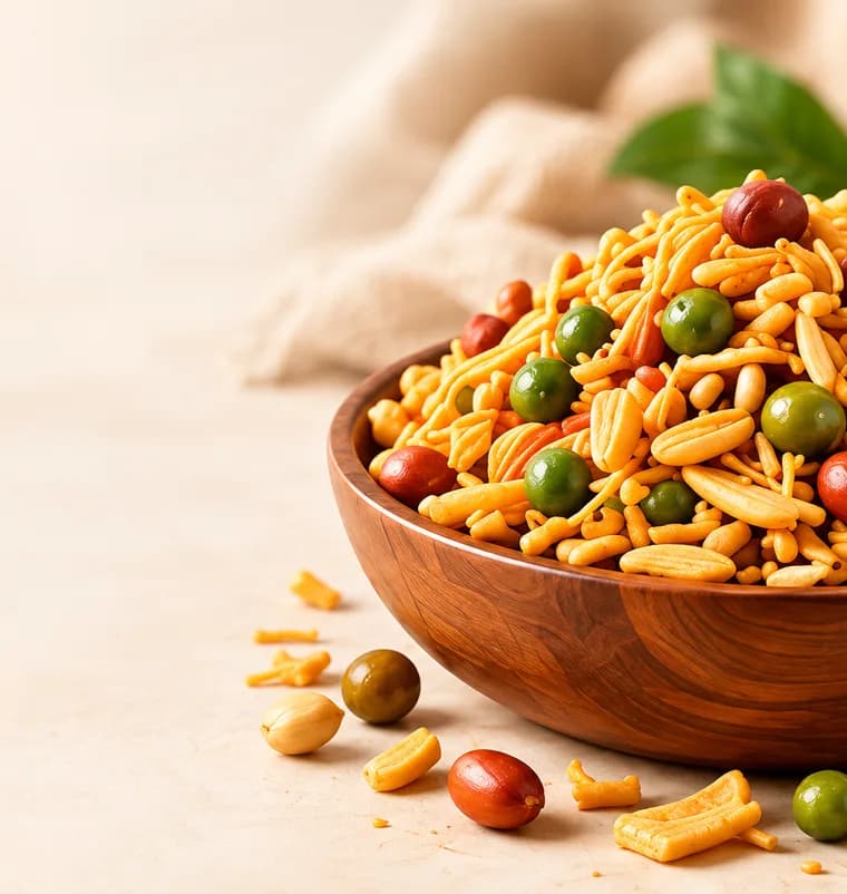 A wooden bowl of mixture namkeen with peanuts and green peas