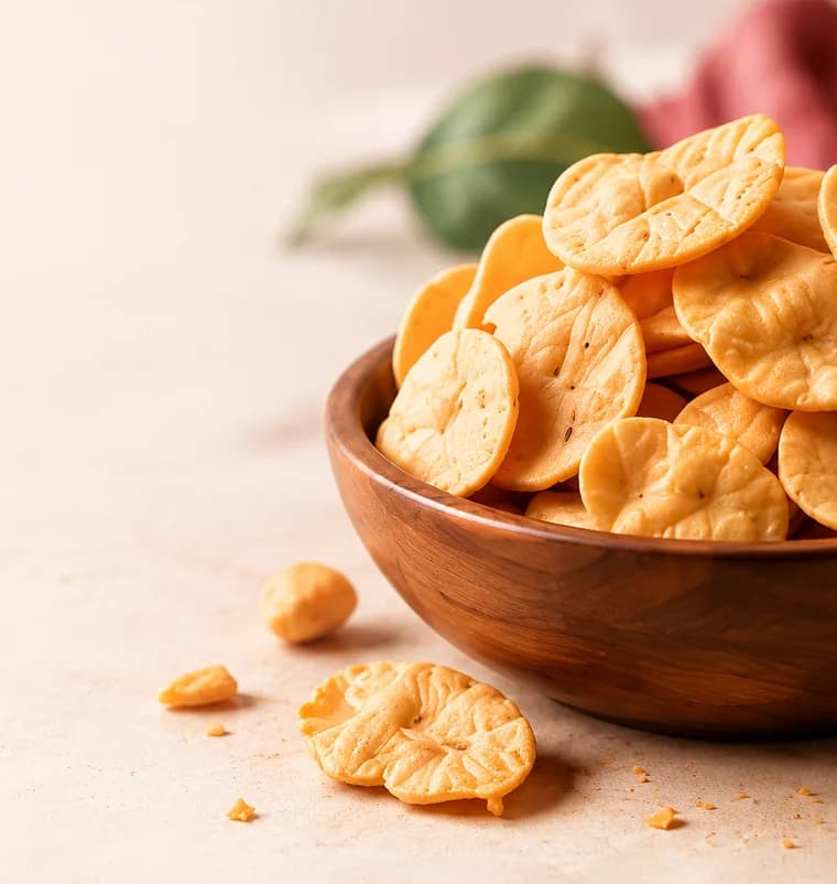 A wooden bowl of crisp round papdi