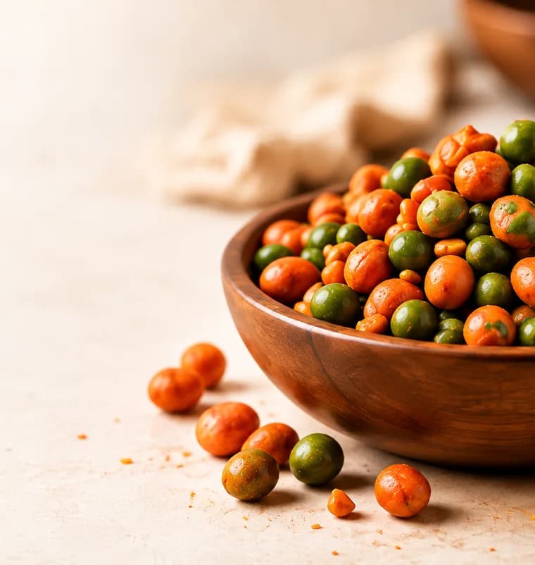 A wooden bowl of spiced coated peanuts and green matar
