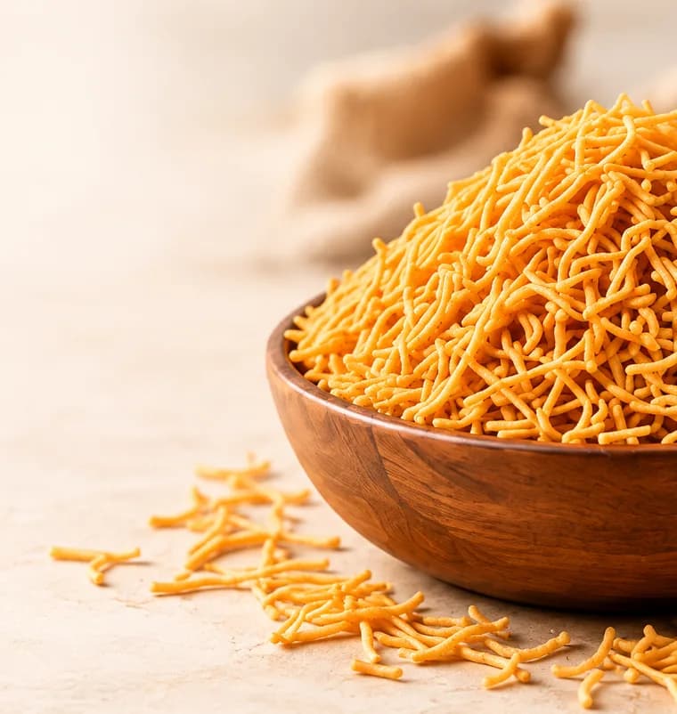 A wooden bowl heaped with fine golden sev