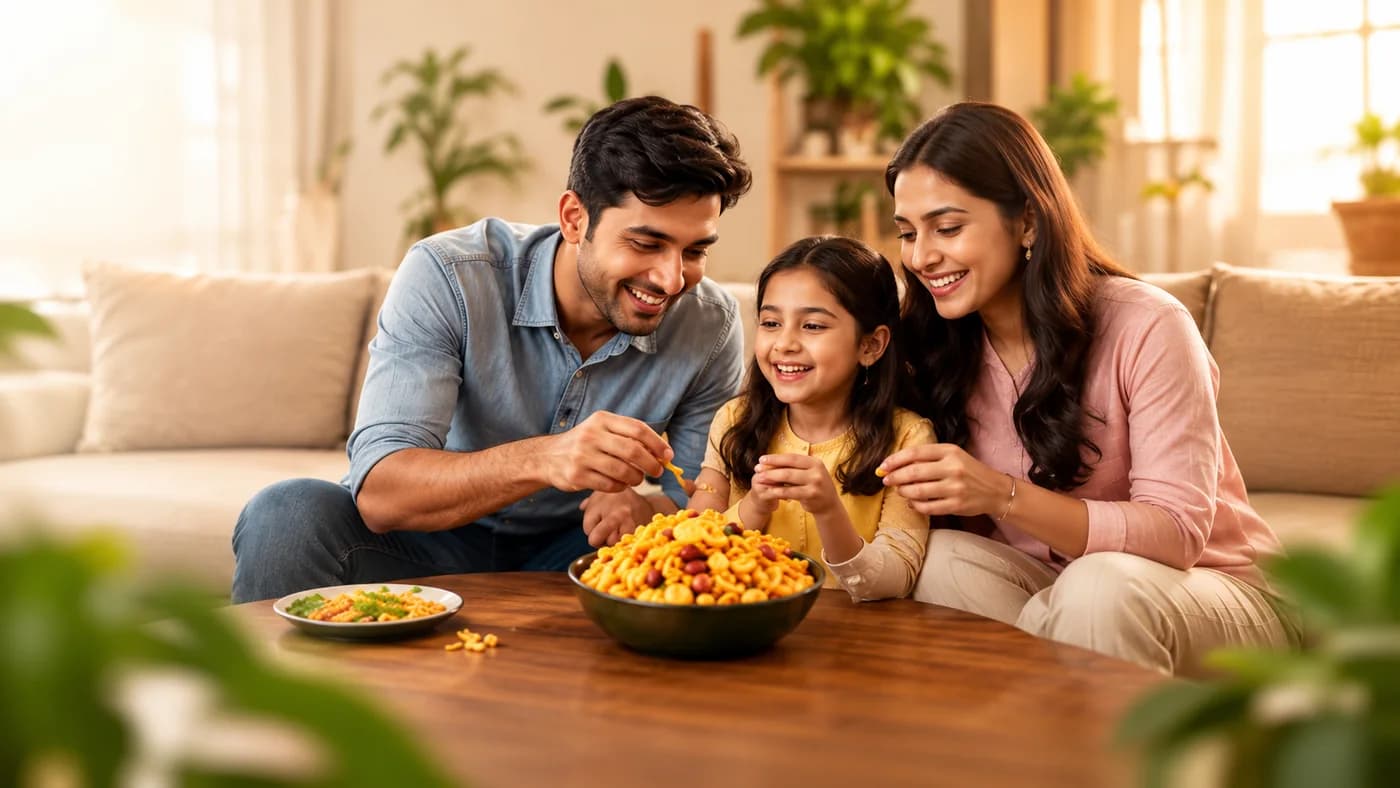 A family sharing a bowl of Morano namkeen at home
